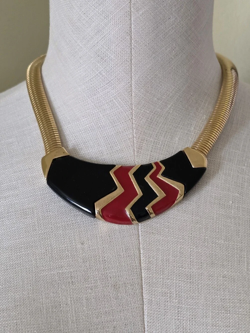 Vintage Napier Collar Necklace Gold Black & Red Enamel  Modernist Deco Choker